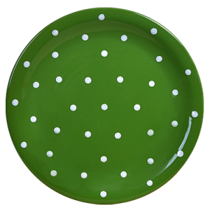 Lapos tányér, sötétzöld-fehér pöttyös